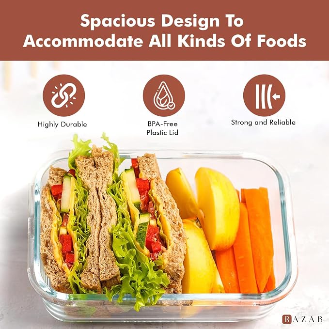 Razab 35 Pc Set Glass Food Storage Containers with Lids - Meal Prep Airtight Bento Boxes BPA-Free 100% Leak Proof (15 lids,15 glass & 5 Plastic Sauce/Dip Containers) - Image 5