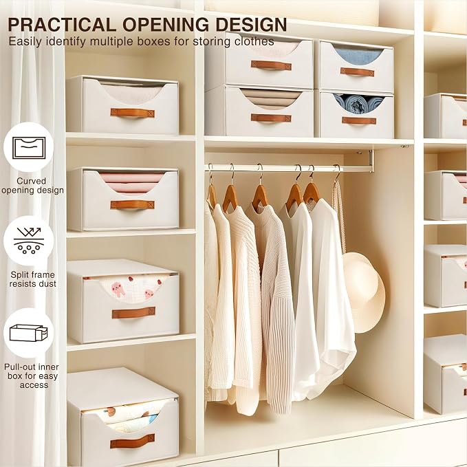 Stackable Storage Drawers - Collapsible Storage Bins with Drawers, 6 Pack Closet Shelf Organizer Basket, Fabric Pull Out Organizer for Bedroom, Living Room, Dorm, Beige - Image 5