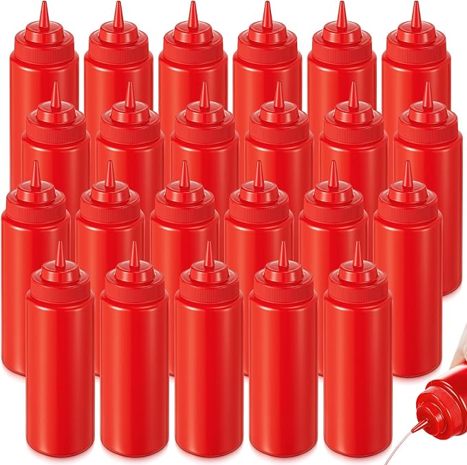 24 Pcs 32 oz Squeeze Bottle Large Plastic Wide Mouth Squeeze Bottles for Condiment Sauces Chocolate Ketchup Mustard BBQ Grill Restaurant (Red) by Unknown