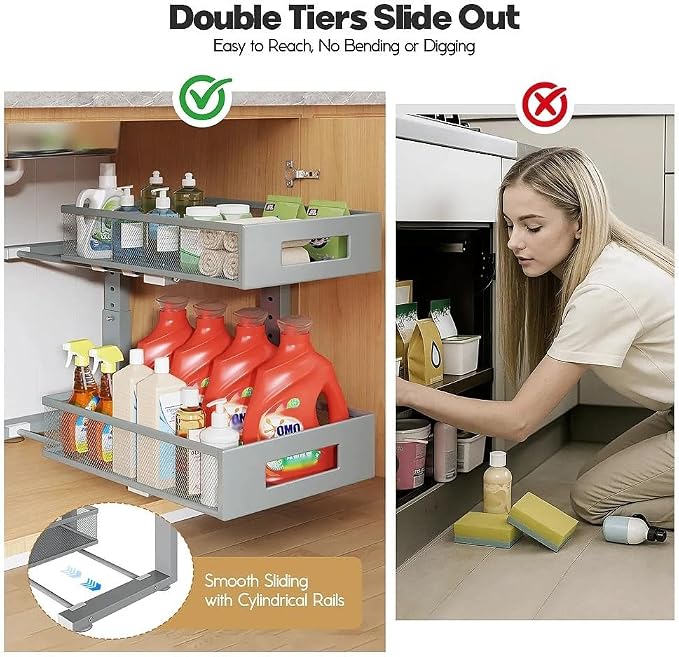 Under Sink Organizer,2-Tier Dual Pull Out Cabinet Organizer Drawers With Smooth Circular Rail,Large Capacity Metal Mesh Sliding Shelves For Bathroom& Kitchen Storage,Height Adjustable–Gun Gray,2 Packs - Image 4
