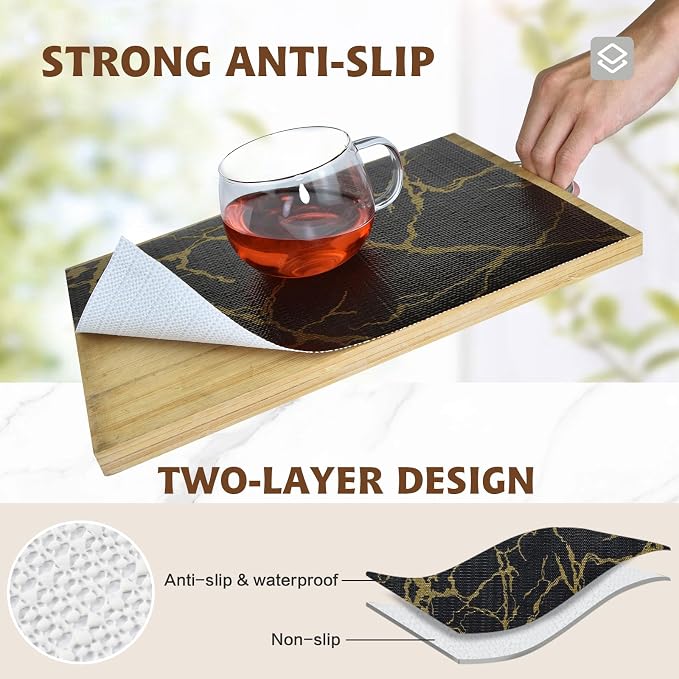 2-Layer Drawer and Shelf Liner for Kitchen Cabinet: 23.6in X 30Ft Non Slip | Waterproof Shelf Paper Non Adhesive Refrigerator Liners Black/Gold Marble Easy Liners for Bathroom with Knife Tape Measure - Image 3
