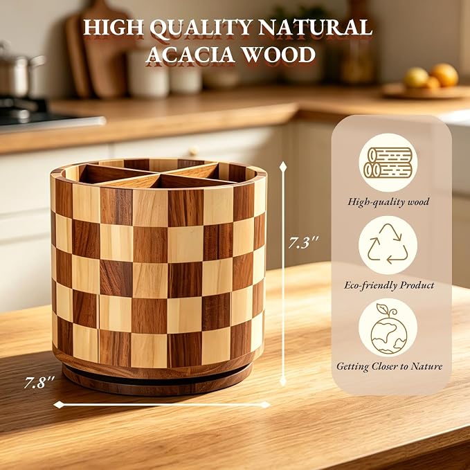 Rotating Wooden Utensil Holder – 7.8” Round Acacia Wood Kitchen Utensil Organizer with Checkered Design, Large Countertop Crock for Spatulas, Spoons & Cooking Tools, Farmhouse Kitchen Decor - Image 4