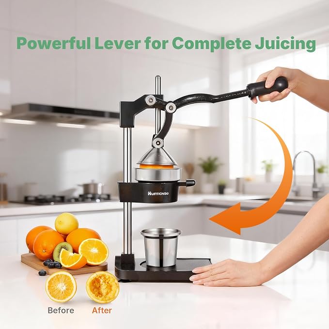 Cast Iron Manual Juicer For Orange Lemon Lime Pomegranate &Citrus | Heavy-Duty Hand Press Juicer, Orange Squeezer, 17"Tall, Sturdy Flat Base & Stainless Steel Cup, Easy to Clean, Black - Image 5