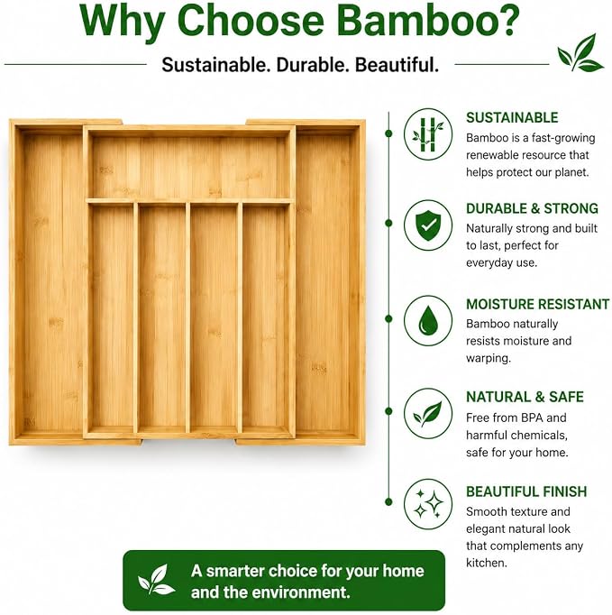 MASS DYNAMIC Bamboo Expandable Cutlery Tray (7 Compartments (5S & 2L)) - Image 3