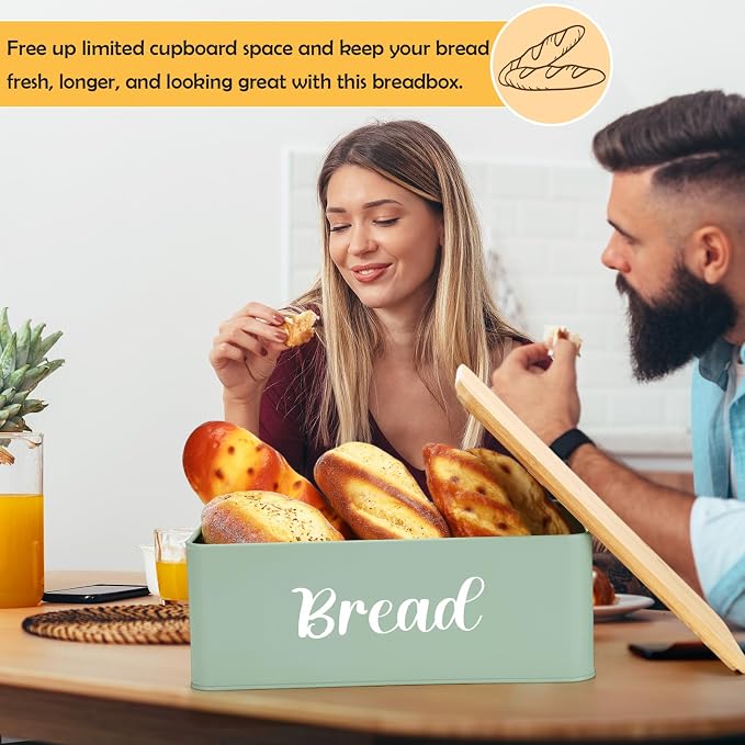 Hushee Metal Bread Box and Butter Dish with Bamboo Cutting Board Lid and Knife Bread Storage Container Breadbox for Kitchen Counter Butter Organizer for Kitchen Countertop Decoration(Sage Green) - Image 6