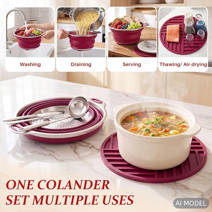 Collapsible Colander Set with Silicone Mat,2-in-1 Stainless Steel Colander for Kitchen, Foldable Metal Colander, Space-Saving for Pasta Veggies Fruit(PERSIAN RED) - Image 5