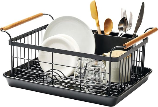 YAMAZAKI Home Dish Drying Rack – Modern Black Dish Rack for Kitchen Counter with Removable Drainer Tray and Cutlery Holder, Steel + Wood Dish Drying Organizer, Small Space-Saving Design by Unknown