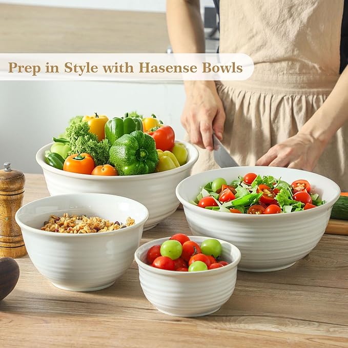 Hasense Porcelain Mixing Bowls, 2.8/2.1/1.0/0.5 Qt, Handmade Large Salad Serving Bowls for Kitchen, Deep Nesting Dishes for Cooking and Baking, Microwave Dishwasher Safe, Clay-Infused White - Image 3