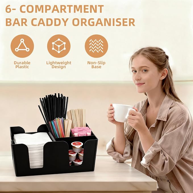 Commercial Cup and Lid Holder with Straw Organizer,Disposable Coffee Cup Condiment Dispenser for Countertop Org, Coffee Bar, Beverage Cup, Kitchen, Breakroom (Bar Caddy with 6 Compartments) - Image 3