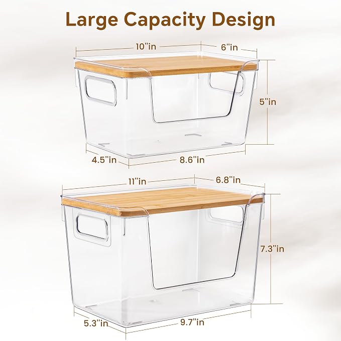 2 Large and 2 Small Pantry Organizers and Storage with Bamboo Lids, Stackable Clear Bins for Onion, Potato, Fruit, Vegetables, Trash Bag Dispenser, Kitchen and Under Sink Organizer - Image 3