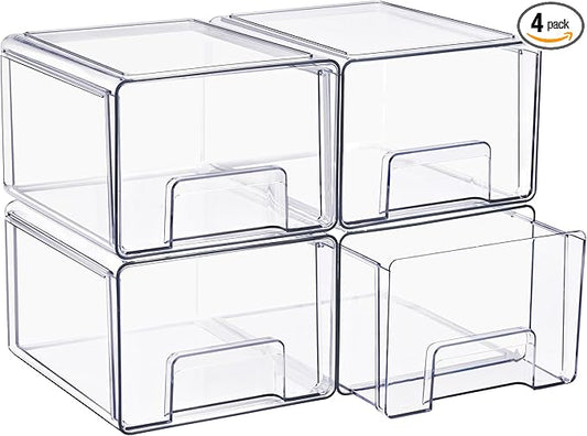 Sorbus Large Clear Stackable Storage Drawers 4-Pack Plastic Organizer Bins with Handles Pull-Out Drawers for Bathroom Closet, Medicine, Cabinet, Pantry Storage, Baby Bottle Organizer by Sorbus