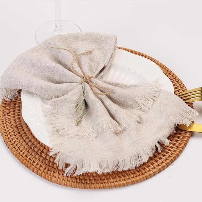 Handmade Cloth Napkins with Fringe,18 x 18 Inches Cotton Linen Napkins Set of 6 Versatile Handmade Square Rustic Fringe Napkins for Dinner, Wedding and Parties, Natural Linen - Image 2