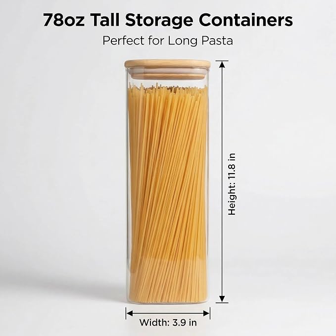 Pasta Storage Containers 3 Pack, 78oz Square Airtight Glass Spaghetti Container with Bamboo Lids, Tall Glass Pasta Storage Jar for Pantry Organization Spaghetti Linguine Fettuccine Cereal - Image 2