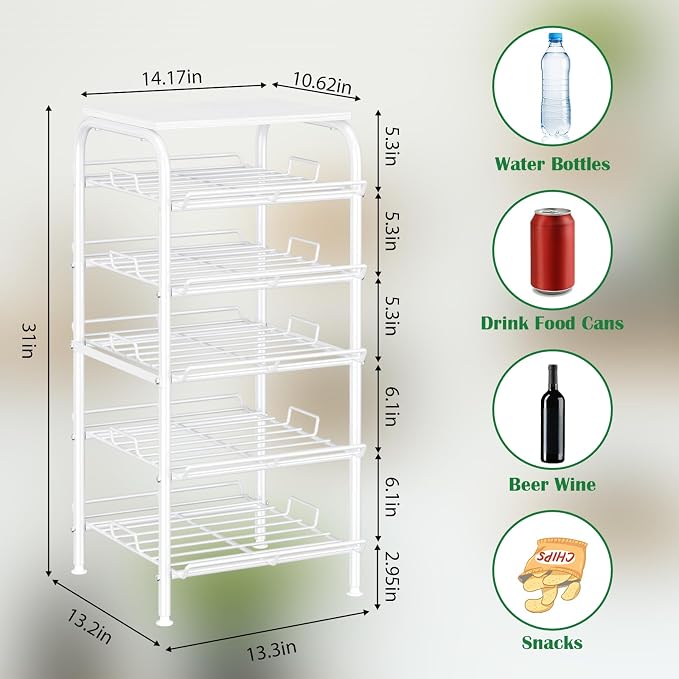 Water Bottle Organizer 5 Tier Free Standing Water Bottle Storage Rack Metal Water Bottle Rack Shelf Large Capacity Bottled Water Holder Beverage Soda Drink Stand for Kitchen Pantry Office,White - Image 4