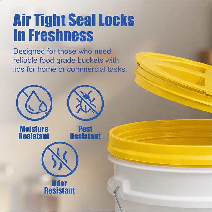 5 Gallon Bucket - Food Grade w/Lid BPA-Free, White/Yellow, 3 | Airtight Gamma Seal Screw-On Lid, Heavy-Duty 90 Mil HDPE Plastic, Food Safe and Durable Container, Bulk Storage, Made in USA - Image 5