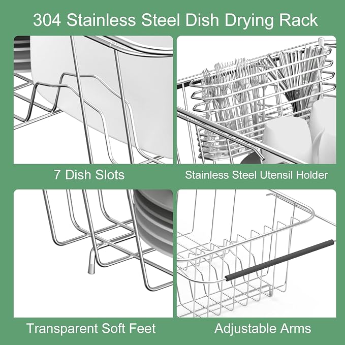 JAQ Over Sink Dish Drying Rack for Small Sink, Compact Expandable 14.25"–22.44", Adjustable 304 Stainless Steel Dish Drainer with Utensil Holder, Space Saving for Small Kitchen - Image 3