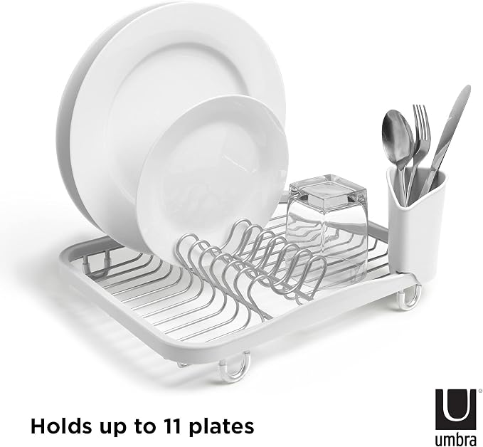 Umbra Sinkin Dish Drying Rack, in Sink or Countertop Drainer, White/Nickel | Removable utensil holder, non slip rubber feet, fits standard sizes, coated wire and plastic - Image 2