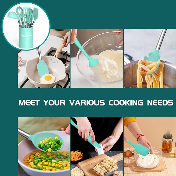 Silicone Cooking Utensil Set, Umite Chef 15pcs Silicone Cooking Kitchen Utensils Set, Non-stick - Best Kitchen Cookware with Stainless Steel Handle - Green - Image 5