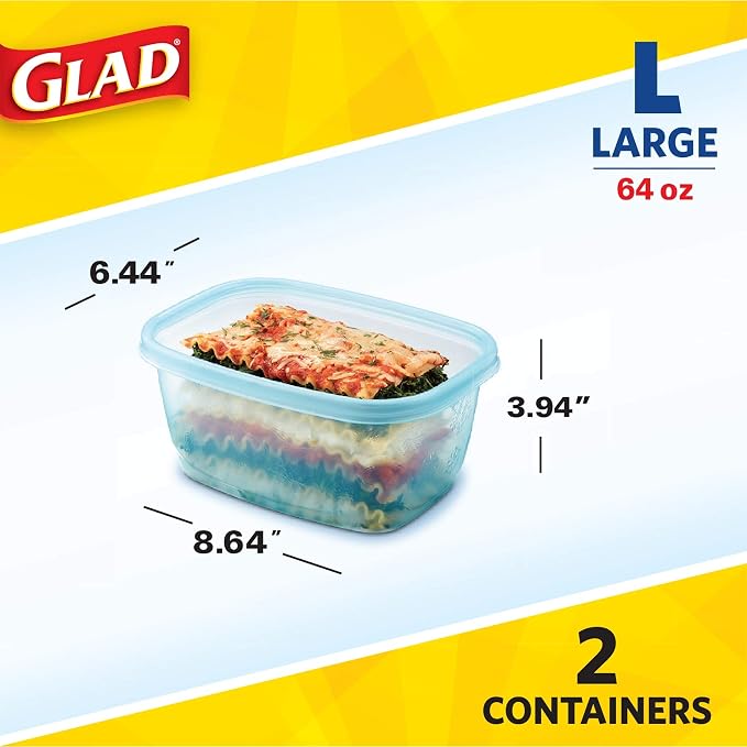 Glad Gladware Freezerware Food Storage Containers, Large Rectangle Holds 64 Ounces of Food, 2 Count Set | Tupperware, Plastic Food Container, Meal Prep Container, Plastic Containers with Lids - Image 5