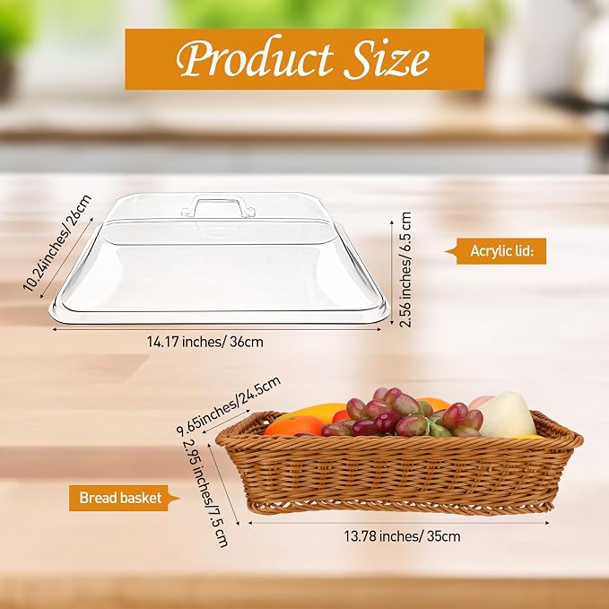 Mumufy 2 Pack Wicker Large Bread Basket with Acrylic Lid Housewarming Gift Woven Rectangular Imitation Rattan Fruit Basket with Cover for Serving Food Display Tabletop Home Kitchen(13.78x9.84'') - Image 2