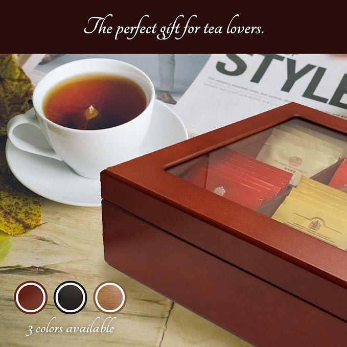 BJOYFUL&LOVED Wooden Tea Box with Glass Lid, 8-Compartment, Cherry Color | Removable Dividers Customize Storage for Tea Bags, Sugar Packets, Coffee Capsules, Jewelry, Watches and Small Accessories - Image 8
