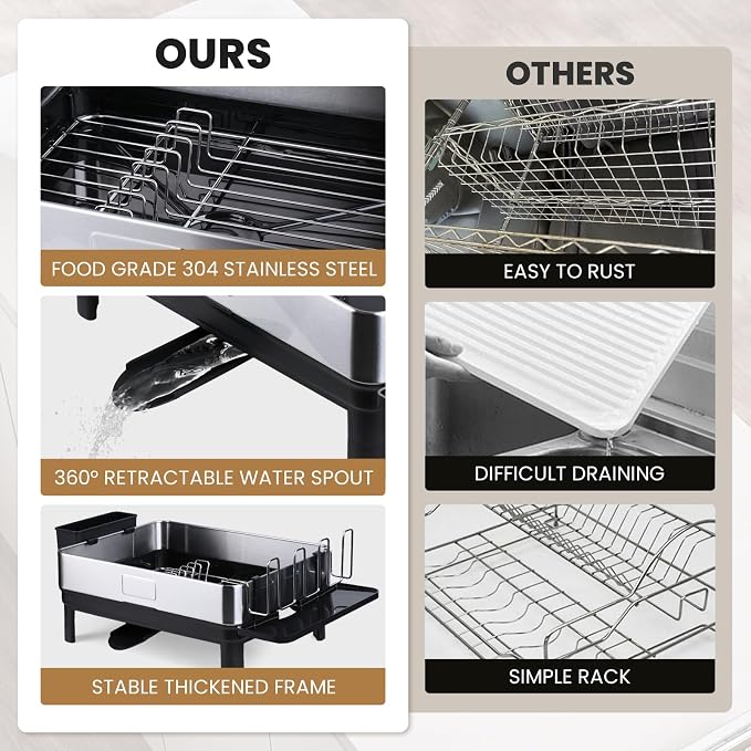 Stainless Steel Dish Drying Rack - No Rust Extra Large Capacity Dish Drainer Rack for Kitchen Counter with Drain Board Set Adjustable Spout Detachable Utensil Cup Holder for Big Family - Image 6