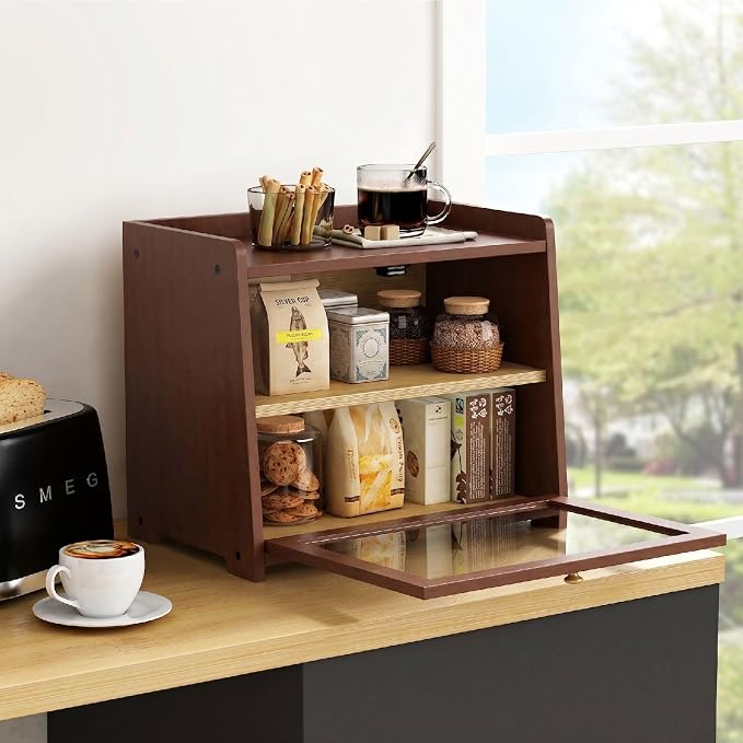 Goozii 2 Tier Bread Box for Kitchen Countertop, Double Layer Breadbox | Dark Brown Bamboo Wood | Storage Cabinet for Homemade Bread | Wooden Walnut - Image 6