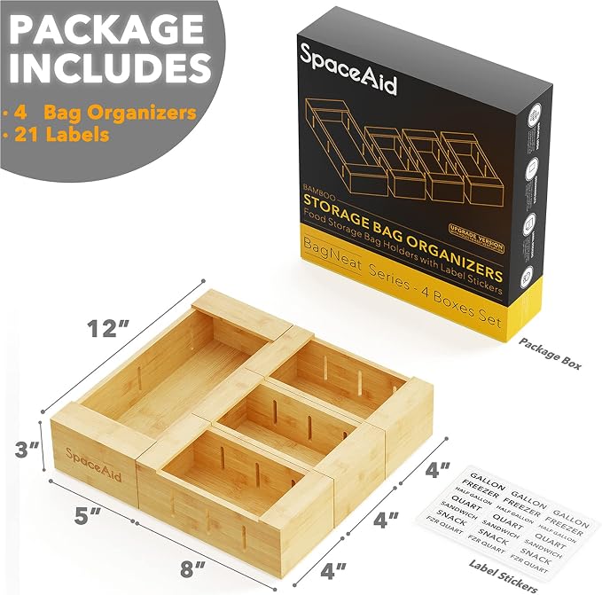SpaceAid Bamboo Drawer Dividers with Inserts and Labels, 4 Dividers with 9 Inserts (17-22 in), Bag Storage Organizer (4 Pack) - Image 5