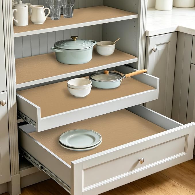 Shelf Liner for Kitchen Cabinets and Drawers, 18" x 240" Beige | Non-Adhesive Design, Waterproof & Non-Slip Protection, Easy Cut to Fit, Washable and Reusable, Pantry Storage - Image 8