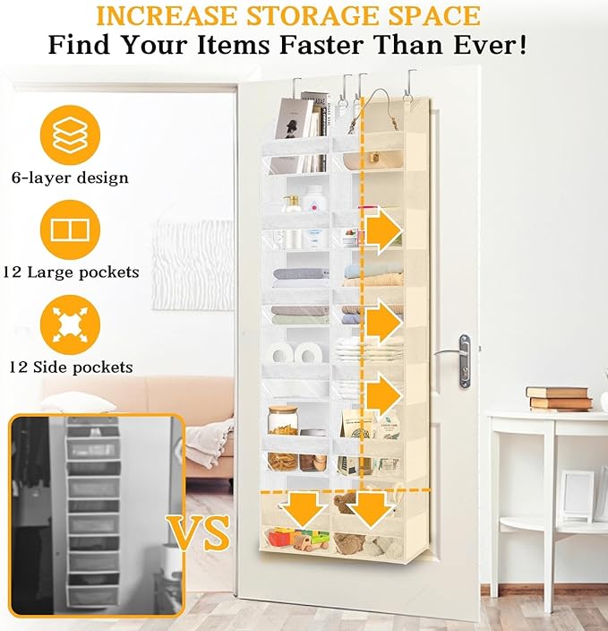 Over The Door Organizer 6 Tiers, Extra Large Behind Door Storage of 12 Compartments, 80 lbs Weight Capacity Hanging Storage Organizer with Clear Window Kids Toys, Shoes,Diapers, Room Storage, White - Image 3