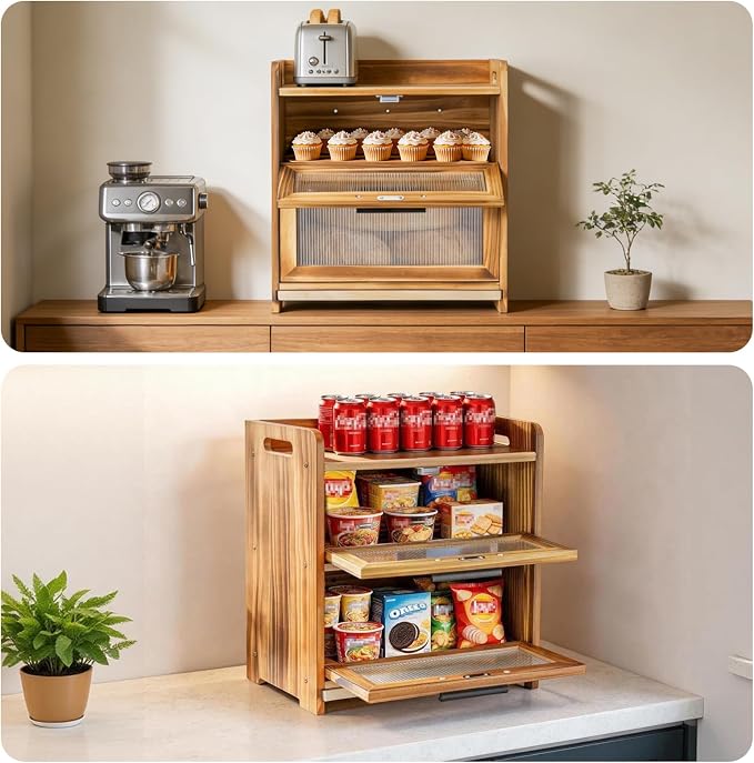 Bread Box for Kitchen Countertop, Large Wooden Breadbox with Cutting Board | Double Layer Bread Storage Container for Homemade Bread with Handles, Acrylic Window and Air Vents Keep Bread Fresh (Brown) - Image 6