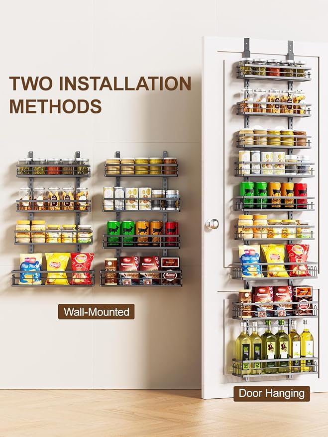 Delamu 9 Tier Over The Door Pantry Organizer, Pantry Organization and Storage, Hanging Spice Rack for Pantry Door Organizer, Metal Pantry Door Shelves for Kitchen Bathroom Laundry Room,15.3" Black - Image 7