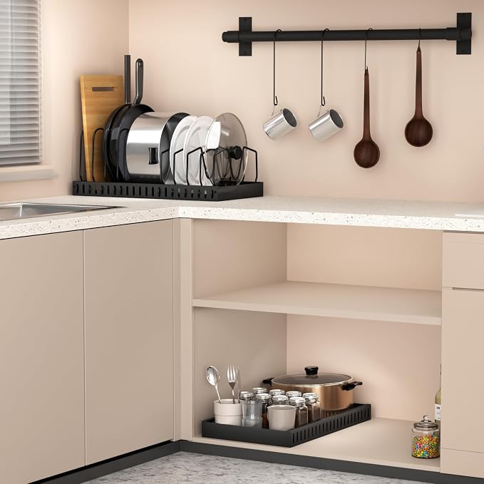 Expandable Pot and Pan Organizer for Cabinet, 10-Tier Sliding Pullout Rack | Under Cabinet Pull Out Shelves with Two Types of Shelves for Pots, Lids, Bottles and Pans, 2 Pack - Image 7