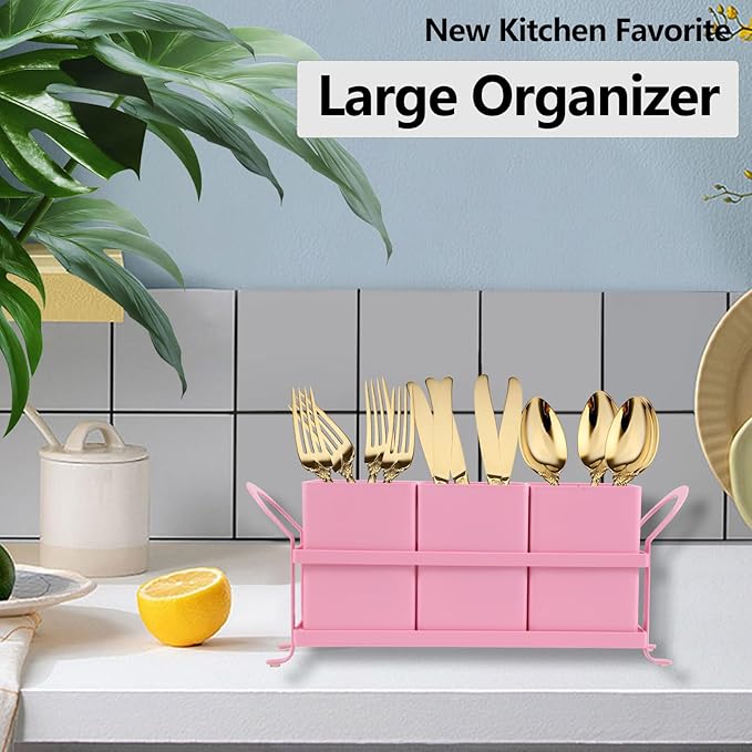 NelyBet Metal Silverware Caddy,3 Compartment Utensil Holder With Metal Rack,Utensil Caddy Flatware Cutlery Organizer for Countertop Party Picnic Camping Outdoor Pink - Image 2