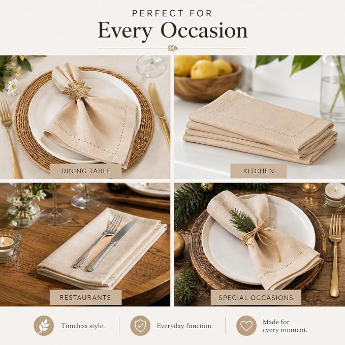 Linen Flax Cotton Cloth Dinner Napkins Set of 12-20x20 Natural Fabric with Hemstitched Mitered Corners - Machine Washable Wedding, Cocktail & Party Table Napkins - Natural - Image 5