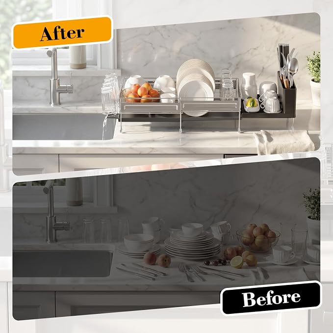 Delamu Large Dish Drying Rack, Stainless Steel Dish Racks for Kitchen Counter, Multifunctional Dish Drainer with Cutlery & Cup Holders, Extendable from 13.4 to 28.7 in, Black - Image 8