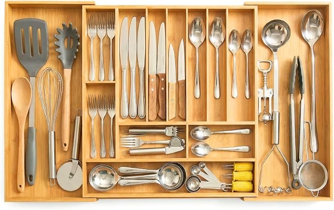18.5"-33" Expandable Bamboo Silverware Utensil Drawer Organizer | 11-13 Deep Slots with Adjustable Dividers, Solid Bamboo Construction, Non-Slip Design by Unknown