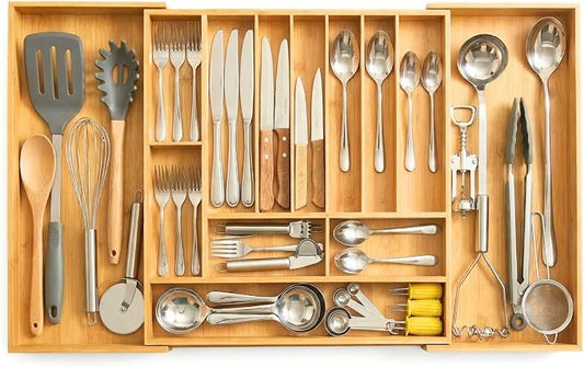 18.5"-33" Expandable Bamboo Silverware Utensil Drawer Organizer | 11-13 Deep Slots with Adjustable Dividers, Solid Bamboo Construction, Non-Slip Design by Unknown