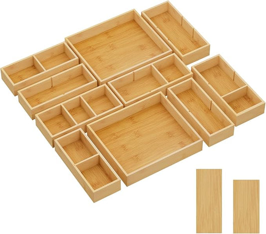 Lifewit Drawer Organizers 10 Pack(22 Grid) with 12 Inserts | Adjustable Bamboo Wooden Trays for Utensils, Silverware, Makeup, Kitchen, Bathroom, Office, Vanity Storage by Lifewit