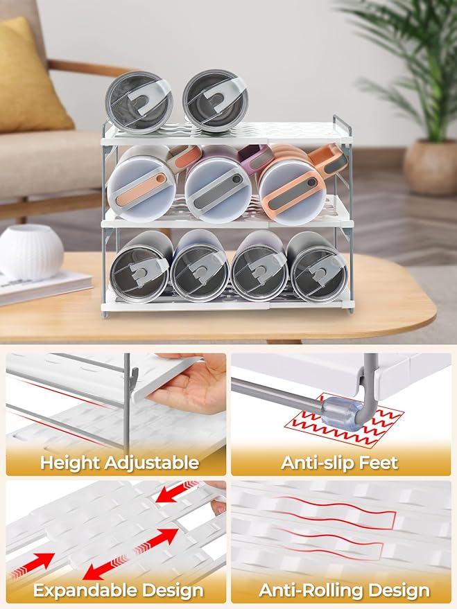 Cirhy 12" Tall 3-Tier Expandable Water Bottle Organizer – Fits 20-40 oz Stanley, Owala, Yeti Tumblers, Shaker Cups & Travel Mugs – Adjustable Storage Rack for Cabinet, Kitchen & Pantry Organization | Adjustable 12" Tall Bottle Rack, Fits 20-40 oz Tumbl... - Image 6