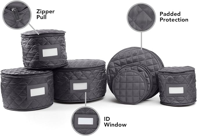 Covermates Keepsakes Dish Storage Set – Padded China & Dinnerware Storage Cases with Dividers, Cup & Stemware Storage, Quilted Polyester Protection, ID Window, Slate - Image 2