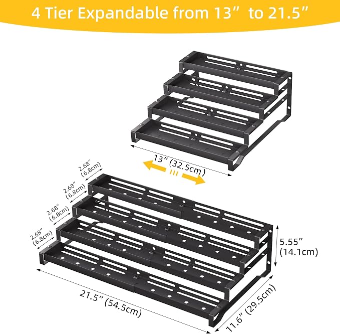 Spice Rack Organizer for Cabinet, 13-21.5" Expandable Spicy Shelf | 11.6" Depth 4-Tier Black Metal Seasoning Organizer, Kitchen Spice Organization, Slip-Resistant Guardrails for Jars and Cans - Image 2