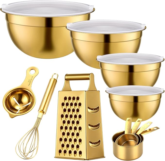 LemonRoad 8 Pcs Gold Kitchen Accessories Set Includes 1.5/2/2.8/3.6 Qt Gold Mixing Bowls with Airtight Lids, 1 Set Stainless Steel Measuring Cups, Grater Slicer with Handle, Egg Beater, Egg Separator by Unknown