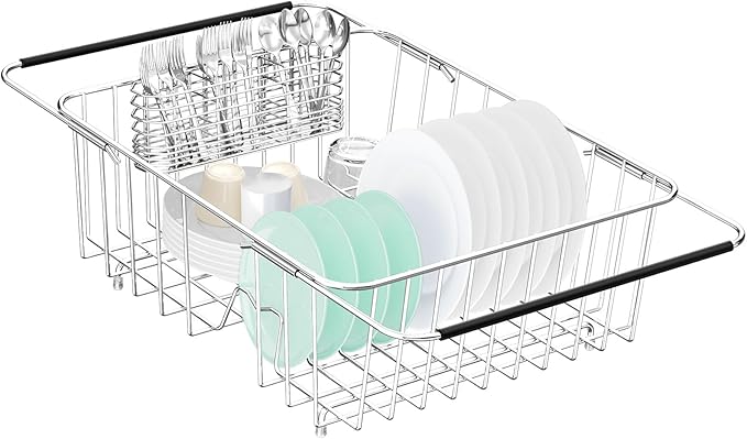 Fanbsy Large Dish Drainer Rack in Sink Adjustable, Expandable 304 Stainless Steel Metal Dish Drying Rack Organizer with Stainless Steel Utensil Holder Over Inside Sink Counter, Rustproof by Fanbsy