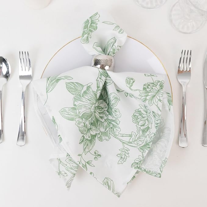Efavormart Premium 5 Pack Polyester Dinner Napkins 20"x20" White with Dusty Sage Green French Toile Pattern - Chic Floral Cloth Napkins - Image 3
