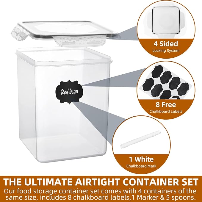 4pc 5.2L Large Airtight Plastic Canisters with Lids, Cups & Labels | 4pk 5.2L airtight containers block moisture. Stackable bins fit rice, flour and all baking pantry supplies - Image 3
