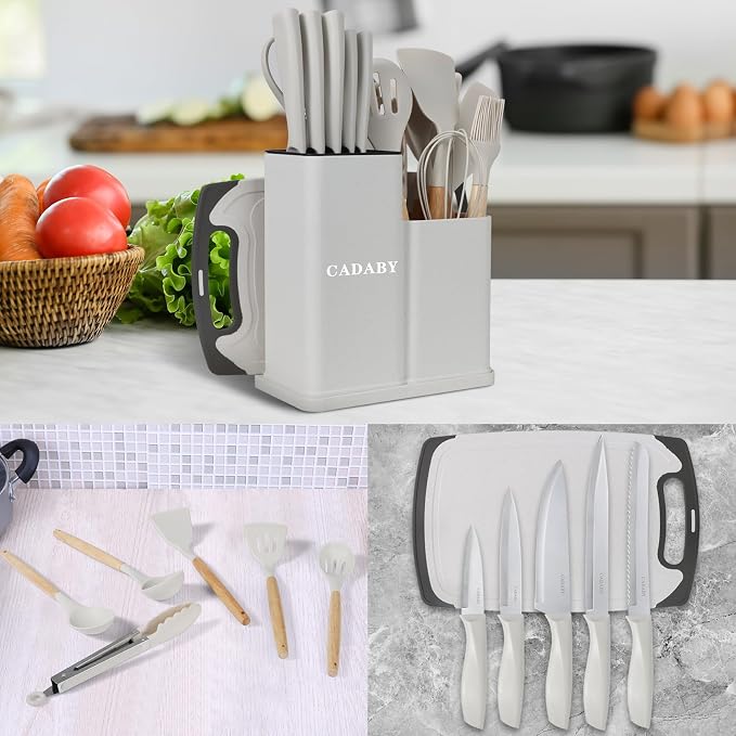 19PCS White Kitchen Cooking Utensils Set Kitchen Tools Set | 6 Stainless Steel Knives, 11 Silicone Utensils with 1 Cutting Board, Ideal for Apartment - Image 9