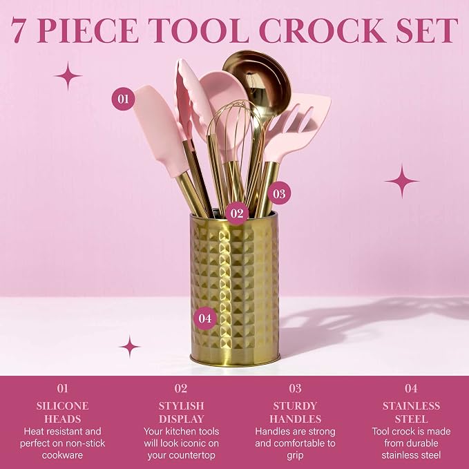 Paris Hilton Kitchen Set Tool Crock with Silicone Cooking Utensils, Stainless Steel Whisk and Ladle, 7-Piece, Pink and Gold - Image 3