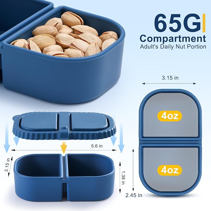 6 Pack Reusable Silicone Snack Containers with Lids, 2 Compartment Bento Snack Boxes, Leakproof Portion Control Food Containers for Fruits, Nuts, School, Office & Travel, Dishwasher Safe - Image 3