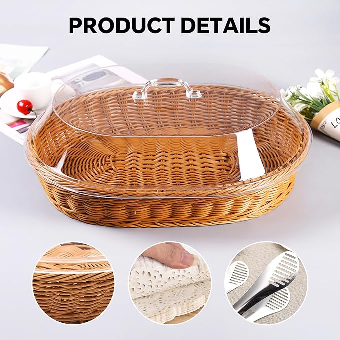 Rattan Bread Baskets, 2 Pack, Oval Woven Baskets with Acrylic Lids, 15.75 x 11.81 inches, Stainless Steel Tongs, Lace Doilies, for Bread, Fruit, Food Display - Image 4